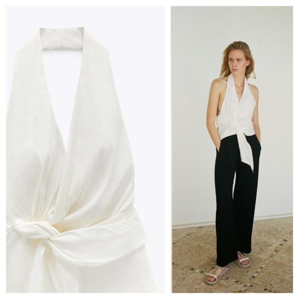 Zara White Linen Blend Halter Top Blouse